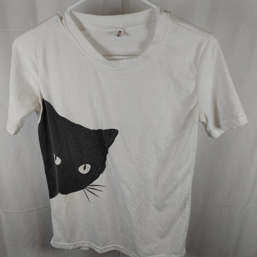 Order Plus Size S White T Shirts with a Black Cat For Women